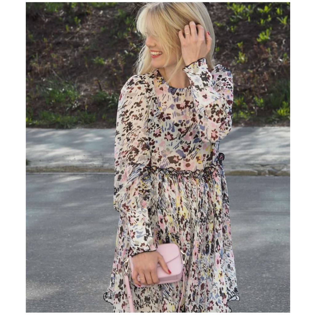 Ganni Pleated Georgette Floral Mini Dress, Egret, Fr38/Us6